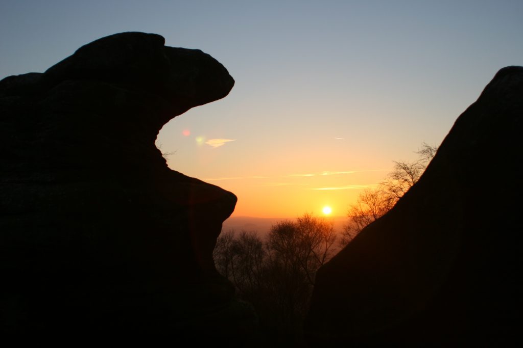 Brimham Rocks silhouette with evening light, Yorkshire, England