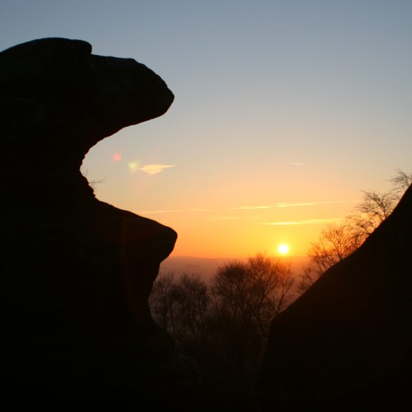 Brimham Rocks silhouette with evening light, Yorkshire, England