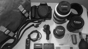 Backpacking photography kit laid out