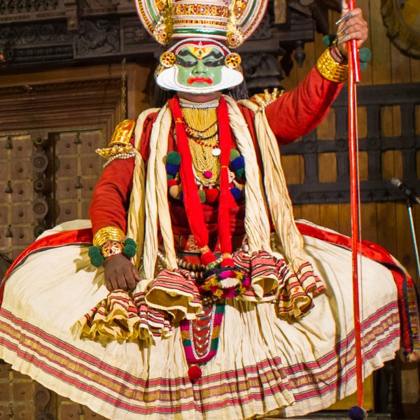A prince character in a Kathakali theatre show, Fort Kochi, Kerala, India